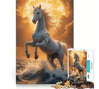 Rompecabezas de 1000 piezas de un caballo blanco encabritado entre las olas del océano para adolescentes Diversión conexión limpia y sin fisuras Actividad relajante para grupos en interiores (50x75cm)