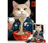 Rompecabezas de 1000 Piezas de un Gato Comiendo Ramen en Kimono para Adultos Entrenamiento Mental Escape pacífico Corte Uniforme Regalo navideño (38x52cm)
