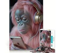 Rompecabezas de 1000 Piezas de un orangután de Pelo Rosa con Auriculares para Adultos Rompecabezas Mental, Arte Relajante para armar, (38x26cm)