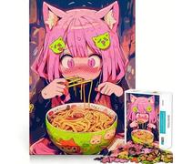 Rompecabezas de 1000 Piezas de una Chica Anime Comiendo Ramen con Orejas de Gato Diversión para Entrenar el Cerebro Encaje Huecos Actividad para Compartir con Seres Queridos (38x26cm)