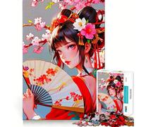 Rompecabezas de 1000 Piezas de una Chica Anime con Abanico y Flores Juego de concentración Mental con Cortes de precisión y Bordes Lisos Actividad Absorbente para Noches tranquilas (38x52cm)