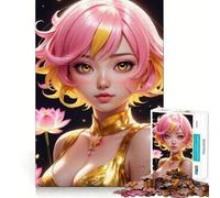 Rompecabezas de 1000 Piezas de una Chica Anime con Cabello Rosa y Flor de Loto Juego de concentración Mental Corte de precisión Bordes Suaves Ideal para Rellenar Calcetines navideños (50x75cm)