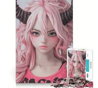 Rompecabezas de 1000 Piezas de una Chica Anime de Pelo Rosa con Cuernos para Adultos Rompecabezas Suave para Relajarse Imagen de Regalo de Papá Noel (38x26cm)