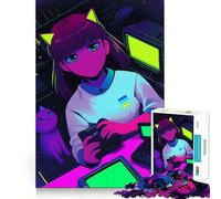 Rompecabezas de 1000 Piezas de una Chica Gamer de Anime neón con un Gato para Adolescentes Fortalece la Memoria Ideal para el hogar y el Ocio Bordes limpios Regalo preciado (50x75cm)