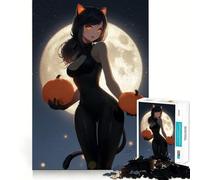 Rompecabezas de 1000 Piezas de una Chica Gato Anime con Calabazas para Adolescentes Actividad Divertida para estimular la Mente,de Alta precisión,para Recortar y Relajarse (50x75cm)