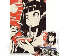 Rompecabezas de 1000 Piezas de una Chica Gato de Anime Comiendo Ramen para Adolescentes Potencia la Mente, Disfruta en Silencio, Bordes Uniformes, Regalo navideño (50x75cm)