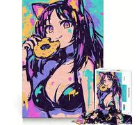 Rompecabezas de 1000 Piezas de una Chica Gato de Anime Comiendo una rosquilla Juguete Que desafía la Mente Troquelado de Alta precisión Un Reto Divertido para Pasar el Tiempo (38x26cm)