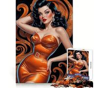 Rompecabezas de 1000 Piezas de una Chica Morena Pin-up con Vestido Naranja para Adolescentes Requiere práctica y es fácil de armar Bordes definidos Regalo Ideal para Cualquier ocasión (38x52cm)