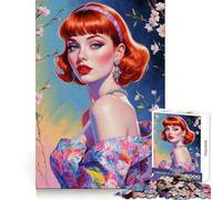 Rompecabezas de 1000 Piezas de una Chica Pelirroja Pin-up con Vestido Floral para Adultos Fortalece la Memoria Ideal para Grupos Bordes limpios Regalo Elegante (50x75cm)