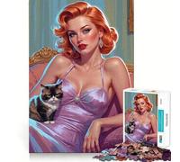 Rompecabezas de 1000 Piezas de una Chica Pelirroja Pin-up y un Gato gruñón para Adultos Mejora la Memoria Divertido y Relajante Bordes Afilados Regalo Ideal para Las Fiestas (38x52cm)