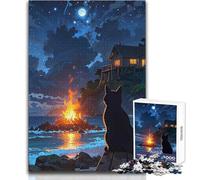 Rompecabezas de 1000 Piezas de una Hoguera Nocturna en la Playa con un Gato Negro para Adolescentes,Ideal para el Desarrollo cognitivo,un Divertido Juego de celebración Especial y reflexivo, 50x75cm
