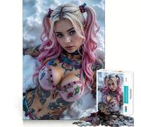 Rompecabezas de 1000 Piezas de una Mujer de Pelo Rosa con Tatuajes para Adultos Juguete de lógica para el Tiempo Libre Bordes Lisos Regalo de Temporada (38x52cm)
