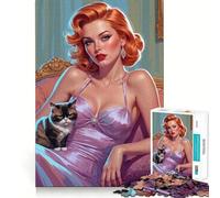 Rompecabezas de 1000 Piezas de una Pelirroja Pin-up y un Gato gruñón para Adolescentes Juguete de lógica Tipo Tren Divertido y silencioso Corte Suave Un Regalo Encantador (50x75cm)