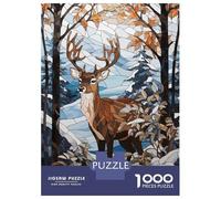 Rompecabezas De 1000 Piezas Deer Snowy Stained Glass Rompecabezas para Adultos Juego De Ingenio Análisis Y Lógica Cumpleaños 52x38cm/1000pcs