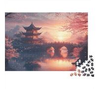 Rompecabezas de 1000 Piezas del Antiguo pabellón Chino: Pabellón, Puente al Atardecer, para Adultos. Juego Educativo. Hermosa decoración. Difícil y desafiante. Ideal para cumpleaños. 52 x 38 cm.