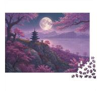 Rompecabezas de 1000 Piezas del Templo Sakura a la luz de la Luna, Pagoda Lunar, Montaña de cerezos. para Adultos de 12 años en adelante. Juegos educativos. Hermosa decoración. Desafiante.38 x 26 cm.
