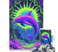Rompecabezas de 1000 Piezas Delfines neón al Atardecer Juego Familiar Montaje de Patrones con Piezas de Formas aleatorias Que encajan Perfectamente 38x26cm