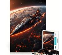 Rompecabezas de 1000 Piezas Descenso de un Crucero de Batalla,una Nave Espacial futurista sobre un Planeta en Llamas Juego de ingenio sin Fisuras Jugar de Forma Casual Arte
