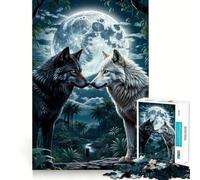 Rompecabezas de 1000 Piezas Dos Lobos en el Bosque bajo la Luna Juego de ingenio artístico para un desafío Mental Un Divertido Juego para el Tiempo Libre Regalo Ideal para cumpleaños (50x75cm)