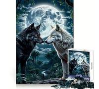 Rompecabezas de 1000 Piezas Dos Lobos en el Bosque bajo la Luna para Adultos Ideal para ejercitar la Memoria, entretenerse y Disfrutar Bordes limpios Regalo de Temporada (38x52cm)