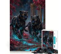 Rompecabezas de 1000 Piezas Dos panteras Negras en un Paisaje Floral Decoración de Corte preciso Juego Mental Regalo Ideal para Relajarse Actividad de cumpleaños (38x26cm)
