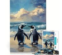Rompecabezas de 1000 Piezas Dos pingüinos en una Playa Pintura con Bordes limpios Decoración Divertida para Resolver Problemas Fácil de Usar (38x52cm)