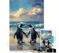 Rompecabezas de 1000 Piezas Dos pingüinos en una Playa Pintura con Corte preciso Divertido desafío Mental Juguete para Relajarse Juego de cumpleaños Arte Juego (50x75cm)