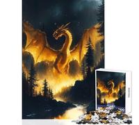 Rompecabezas de 1000 Piezas: Dragón Dorado sobre un río en el Bosque Juguete Educativo Regalo de cumpleaños Juego práctico con póster a Juego y Hoja de Trivia Tamaño 38x52cm
