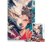 Rompecabezas de 1000 Piezas Dualidad Lobo y Geisha para Adolescentes Entrenamiento Mental, Escape Consciente, Bordes definidos Regalo de Temporada (38x26cm)
