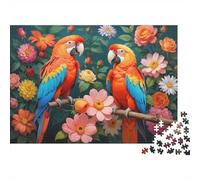 Rompecabezas de 1000 Piezas Dúo de Loros Coloridos - Dos Guacamayos Escarlata con Flores - Juego Educativo para Adultos - Hermoso Desafío de Decoración - de Cumpleaños - 52x38cm