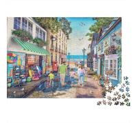Rompecabezas de 1000 Piezas Escena de Pueblo costero: Paseo Familiar por la Calle Junto al mar para Adultos. Juegos educativos, decoración del hogar,Alta dificultad, 52 x 38 cm.