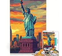 Rompecabezas de 1000 Piezas Estatua de la Libertad al Atardecer Juego de ingenio Actividades Familiares con póster y Hoja de Preguntas a Juego 50x75cm