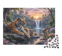 Rompecabezas de 1000 Piezas: Familia de Tigres Junto a una Cascada, Puesta de Sol, arcoíris. Juego Educativo para Adultos. Hermosa decoración. Difícil. Regalo de cumpleaños. 70x50cm.