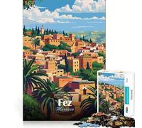 Rompecabezas de 1000 Piezas Fez,Marruecos Póster de Viaje Encaja a la perfección Arte Juego de Habilidad de Pensamiento Tiempo de Descanso Juego Regalo de Arte navideño (38x26cm)