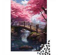 Rompecabezas de 1000 Piezas Flor de Cerezo y Puente de Madera, Papel Reciclado, Regalo Mujer Hombre, Nivel Extremadamente Difícil 38x26cm/1000pcs