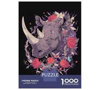 Rompecabezas De 1000 Piezas - Floral Rhino Illustration on Black Background Rompecabezas para Adultos Juego De Ingenio Desafío Difícil Oferta como Regalos para Toda La Familia 38x26cm/1000pcs