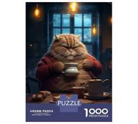 Rompecabezas De 1000 Piezas Funny Fat Cat Coffee Drink Rompecabezas para Adultos Juego De Ingenio Carrera De Velocidad De Manos Cumpleaños Y Navidad 38x26cm/1000pcs