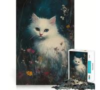 Rompecabezas de 1000 Piezas Gatito Blanco Entre Flores Entrenamiento Cerebral Divertido Encaje Huecos Actividad para Compartir con Seres Queridos (50x75cm)