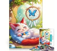 Rompecabezas de 1000 Piezas Gatito durmiendo con atrapasueños para Adolescentes Juguete de lógica Mental para el Tiempo Libre Bordes Finos 50x75cm