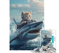Rompecabezas de 1000 Piezas Gatito Montando un tiburón Juguetes adictivos para Cultivar la Paciencia Juego práctico para la diversión Familiar Regalo de cumpleaños (Tamaño 38x26cm)