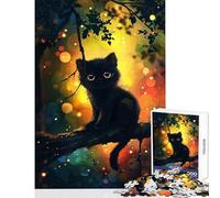 Rompecabezas de 1000 Piezas: Gatito Negro en una Rama con Luces Bokeh Decoración del hogar Juguetes Regalos de Amigo Secreto Juegos educativos interacción Entre Padres e Hijos Tamaño: 50x75cm