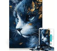 Rompecabezas de 1000 Piezas Gato Azul con Hojas Doradas,Bordes Finos,Ideal para Manualidades,Actividades Creativas,Entretenimiento y como Regalo de cumpleaños 38x52cm