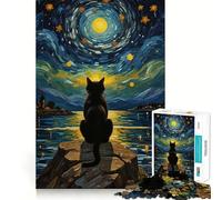 Rompecabezas de 1000 Piezas Gato bajo la Noche Estrellada,Bordes impecables,Divertido Rompecabezas,Regalo para Relajarse,Juego de cumpleaños,Regalo artístico (50x75cm)