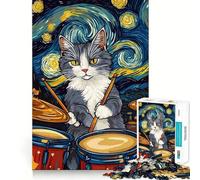 Rompecabezas de 1000 Piezas Gato Baterista Noche Estrellada Borde Juego cognitivo Juego Lento Divertido Decoración navideña Arte (38x26cm)