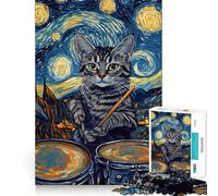 Rompecabezas de 1000 Piezas Gato Baterista Noche Estrellada Bordes limpios Decoración Juego cognitivo Juguete Fácil Tiempo Divertido Ocio (50x75cm)