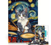 Rompecabezas de 1000 Piezas Gato Baterista Noche Estrellada Juego de ingenio artístico Juguete para el Tiempo Libre Divertido Regalo de cumpleaños (50x75cm)