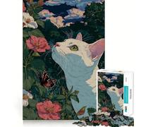 Rompecabezas de 1000 Piezas Gato Blanco en el jardín con Mariposa Juego para Adultos Que estimula la Mente Corte láser para un Ajuste Actividad gratificante para días lluviosos (38x26cm)