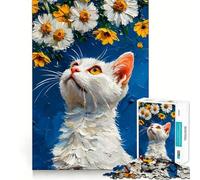 Rompecabezas de 1000 Piezas Gato Blanco Mirando Margaritas Divertido Entrenamiento Cerebral Encaje Huecos Actividad para Compartir con Seres Queridos (38x26cm)