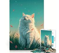 Rompecabezas de 1000 Piezas Gato Blanco Sereno en un Prado para Adolescentes Juguete de lógica Mental Juego de Escape Relajante Arte de Bordes Finos Coleccionable (50x75cm)