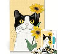 Rompecabezas de 1000 Piezas Gato Blanco y Negro con Flores,decoración de Bordes limpios,Juguete para Entrenar el Pensamiento,Juego Divertido y fácil de Usar,Regalo de cumpleaños (38x52cm)